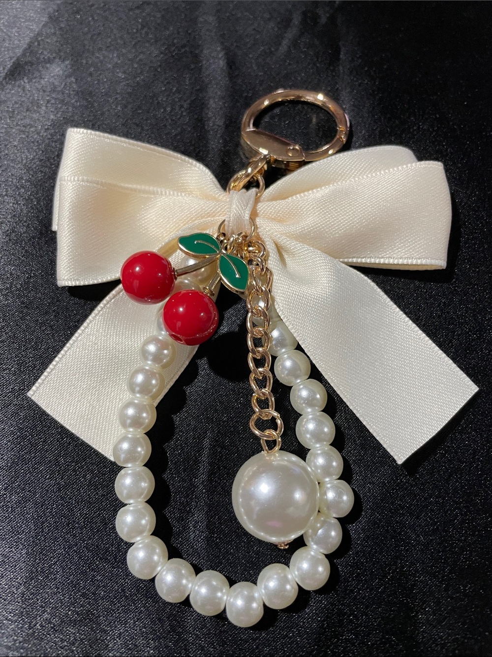 Pearl & Cherry Bow Keychain BAG Charm - Cream Bow, Red Cherries NWOT